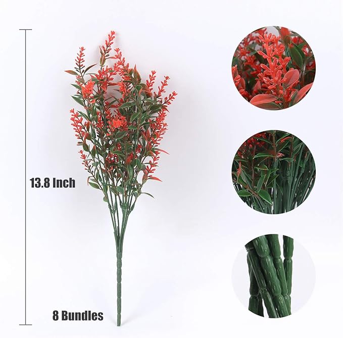 RECUTMS Artificial Lavender Flowers Plants 8 Bundles UV Resistant Faux Outdoor Plastic Greenery Shrubs Plants Hanging Planter Kitchen Home Wedding Office Garden Decor (Orange Red)
