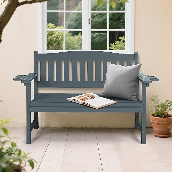 2-Person HIPS Outdoor Bench, Weatherproof Garden Bench with 800 lbs Weight Capacity, Artificial Wood Grains, Never Rot or Fade, Patio Benches for Garden, Porch, Balcony, Backyard,Park, Grey