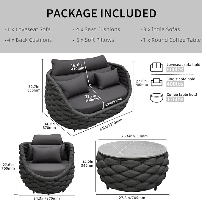 6 Pieces Patio Furniture Set, Outdoor Rope Conversation Sectional Patio Sofa with 6 Seater for Backyard, Porch, Modern Armchairs with Thickness Cushions and Side Table, Dark Grey