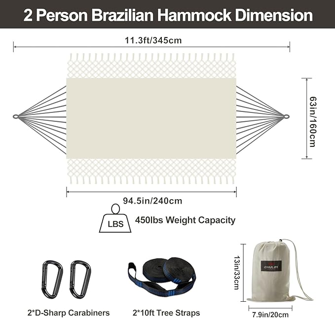 Brazilian Double Hammock with Tree Straps,Extra Large 94x63IN,2 Persons Hammock for Backyard Patio Outdoor Indoor,450lbs Weight Capacity,Soft Woven Cotton Fabric - Natrual White with Tassels