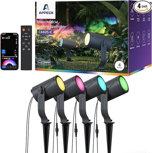APPECK Smart Outdoor Spot Lights 24W, RGBCW Color Changing Landscape Lights 4 Pack, IP65 Waterproof Low Voltage Landscape Lighting, App/Voice/Remote Control, for Garden Yard Pathway Holiday Decor