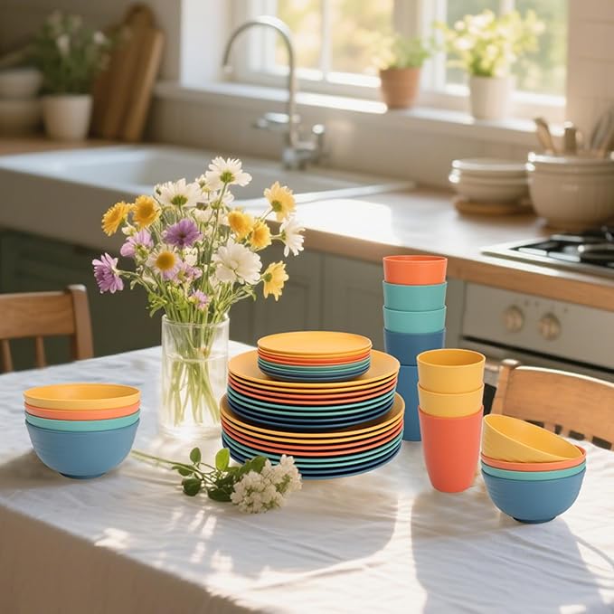 Wheat Straw Dinnerware Sets 40 PCS| Plates and Bowls Sets for 8, Unbreakable Dinner Plate, Dessert Plates, Cereal Bowl, Drinking Cups, Microwave Safe Dishes Set for Kitchen, Outdoor - Multi