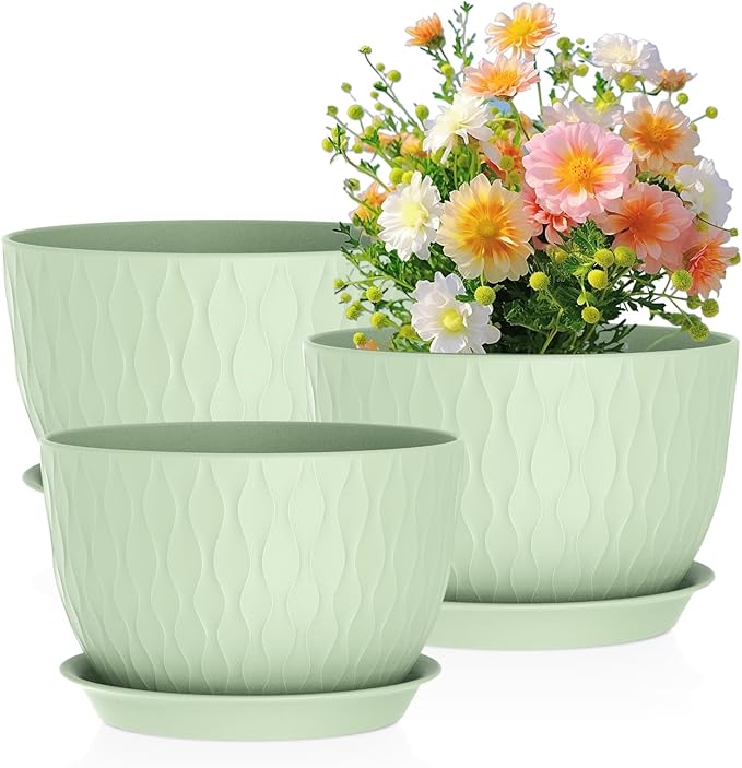 Large Flower Pots 12/10/9 inch, 3 Set Wide Plant Pots for Outdoor Indoor Plants with Water Ripples, Big Plastic Planters with Drainage Holes and Saucers for Garden House Plants, Green