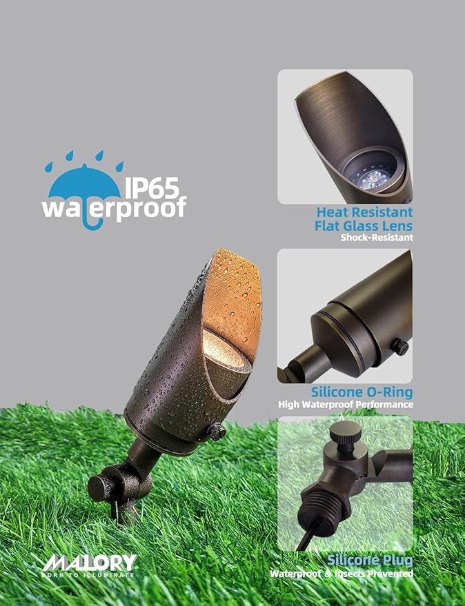 MALORY Brass Landscape Spotlight 1-Pack with MR16 Bulb Kit(S04), Low Voltage 12V AC/DC Shroud Adjustable Outside Yard Lighting,PVC Ground Stake and Wire Connector Included, 5W 2700K Warm White