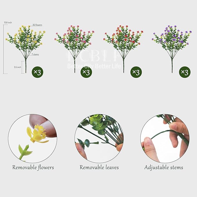 Artificial Flowers for Outdoors, 12 Bundles UV Resistant Realistic Faux Plants for Outside Porch Planter, Spring Summer Home Garden Decoration