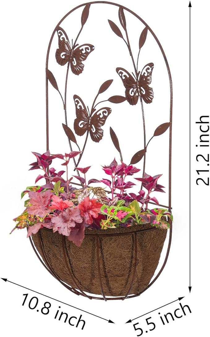 BAYN 2PK Wall Hanging Planter Decor Art with Butterfly, Metal Wall Mounted Planters Indoor Outdoor Wall Planter for Succulent Herb Home Garden Yard