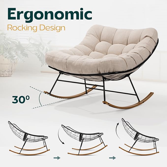 Bme Patio Rocking Chair Outdoor & Indoor, Beige Cushion - Wood Texture Rocker, Metal Patio Lounge Rocking Chair with Thick Cushion, Comfy Modern Rocker Chair for Living Room, Porch, Backyard