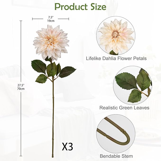 3Pcs White Artificial Dahlia Flowers Fall Fake Flower Silk Flowers with Long Stem 28" Floral Arrangements Bouquets Autumn Faux Dahlias Flowers for DIY Wedding Party Centerpieces Home Decor
