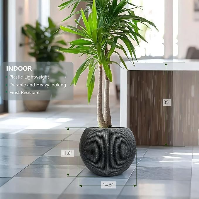 11.8 H x 14.5" Dia (10" Pot Opening) Plastic Round Black Planters for Outdoor Plants, Resin Flower Pot for Indoor and Outdoor Plants, Plant Pot with Drainage Holes and Plug for Home Patio Garden