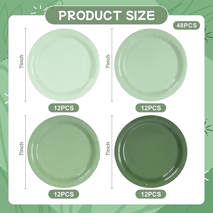 48Pcs Sage Green Paper Plates Gradient Green Party Plates 7”Disposable Round Dessert Plates for Birthday Wedding Bridal Baby Shower Christmas Party Supplies 4 Colors