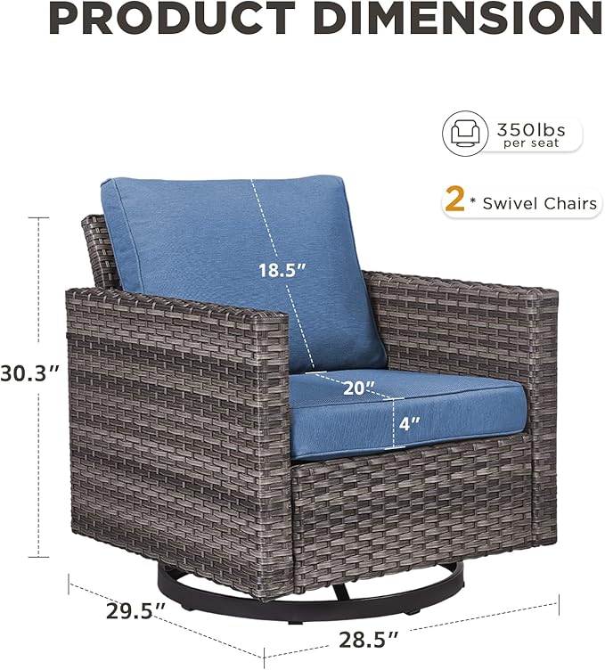 Wicker Swivel Rocker Patio Chairs-High Back Outdoor Swivel Chairs Set of 2 with Thickened Cushions Wide Armrest All Weather Patio Furniture Set for Deck Porch Balcony(Grey/Blue)