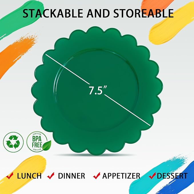 SUT 72Pcs 7.5" Green Plastic Plates - Heavy Duty Disposable Tableware for Weddings, Parties, Events | Eco-Friendly Dessert & Appetizer Serving, Fancy Disposable Plates (72 Count)
