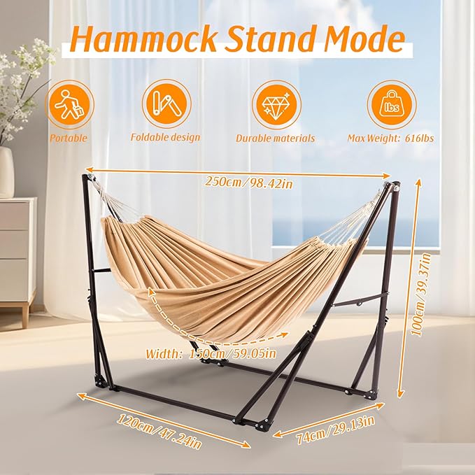 Multifunctional Hammock with Foldable Steel Stand,Swinging Chair,Adjustable,Airer,Carrying Bag Included, 616 lbs Weight Capacity, Portable Suitable for Outside Garden Yard Outdoor Inhouse Ecru ﻿ ﻿