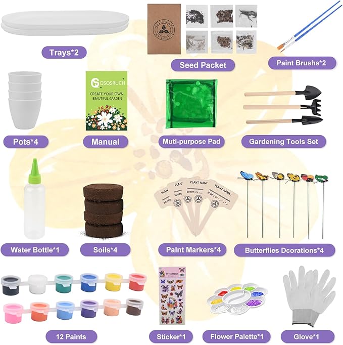 QSQSRUCH 6 Set Painting & Plant Flower Garden Kit, Arts and Crafts Kits for Kids Ages 4-8,Girls Gifts 8-10, Garden Set for Kids 8-12,Girls Toys Age 6-8, Gift for 4 5 6 7 8 9 10+ Year Old Girl