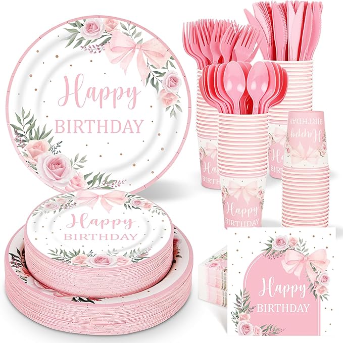 350 Pcs Coquette Pink Bow Happy Birthday Paper Plate Cute Disposable Tableware Set With Knives Fork Napinks for Baby Shower Birthday Party Favor Supplies Decorations Serves 50 Guests