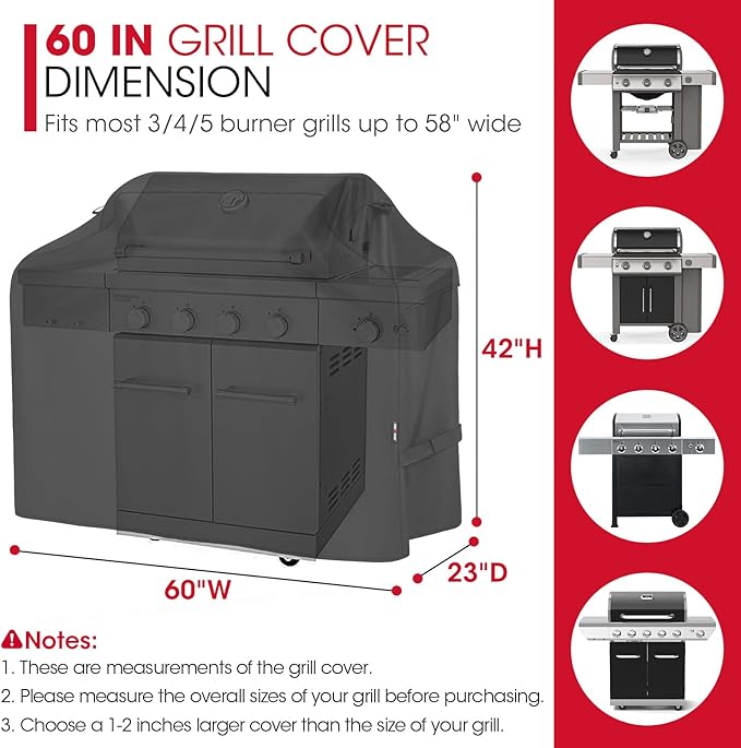 Unicook Grill Cover 60 Inch for Outdoor Grill, Heavy Duty Waterproof BBQ Cover with Side Handles and Air Vents, Weather Resistant, Compatible with Weber Charbroil Nexgrill Kenmore Gas BBQs, Black