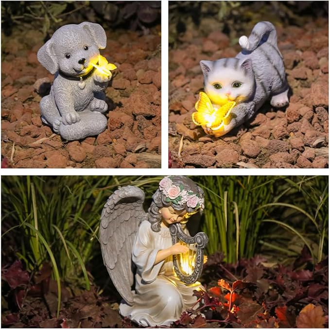 Solar Cat Statue with LED Lights & Butterfly - Outdoor Garden Decor for Patio, Lawn, Yard - Waterproof Cat Figurines, Housewarming Gardening Gifts for Women, Mom, Grandma