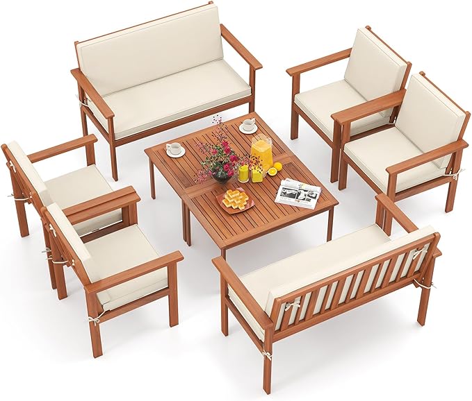 Tangkula Acacia Wood Patio Conversation Set, Outdoor Wooden Cushioned Chairs & Slatted Coffee Table Set,for Backyard, Porch, Balcony, Poolside and Lawn (Off White,2)