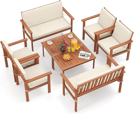 Tangkula Acacia Wood Patio Conversation Set, Outdoor Wooden Cushioned Chairs & Slatted Coffee Table Set,for Backyard, Porch, Balcony, Poolside and Lawn (Off White,2)
