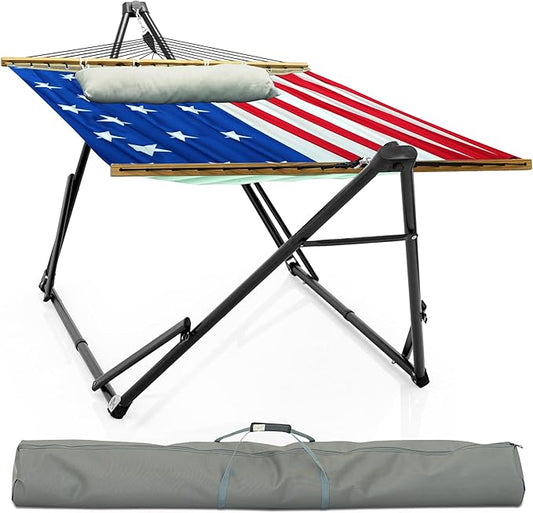 Tranquillo Unity Adjustable Hammock Stand, 800 lbs Capacity Steel Double Hammock Stand for 2 Persons, Premium Pre-Assembled Stand for Indoor Outdoor (American Flag)