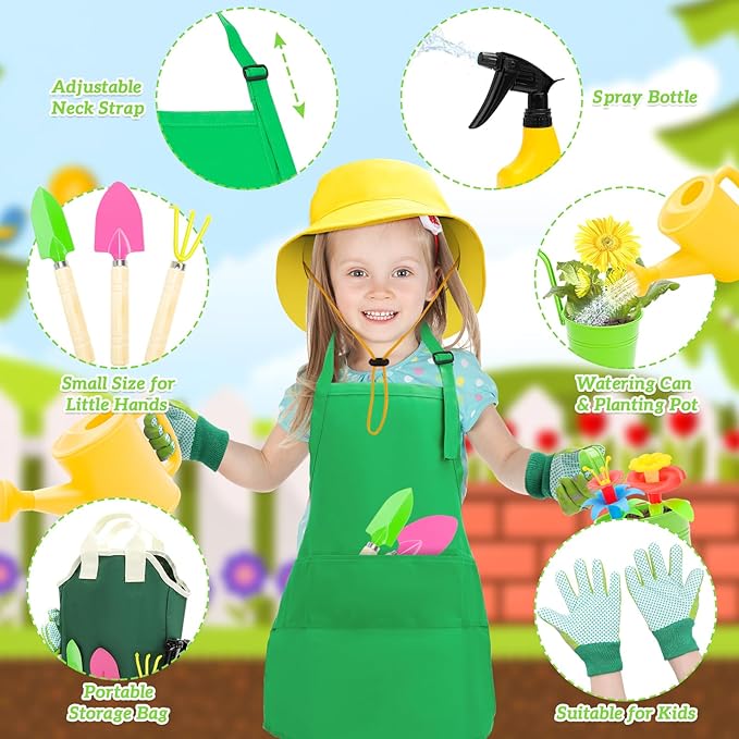 deAO Kids Gardening Set Arts and Crafts for Kids Paint Garden Tools DIY Flower Building Toys with Shovel, Trowel, Rake, Water Can,Gloves,Tote Bag,Apron,Painting Accessories,Outdoor Gift for Boys Girls