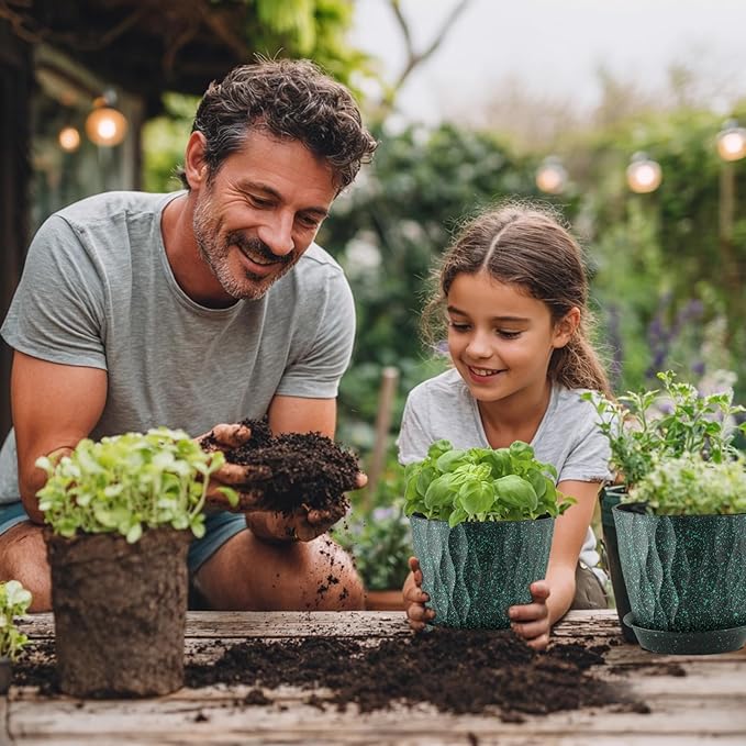 7 inch Plant Pots for Indoor Outdoor Plants, 5 Pack Thick Flower Pots with Drainage Holes and Saucers, 3D Modern Wave Texture Plastic Planter Nursery Pots, Black with Green Speckles