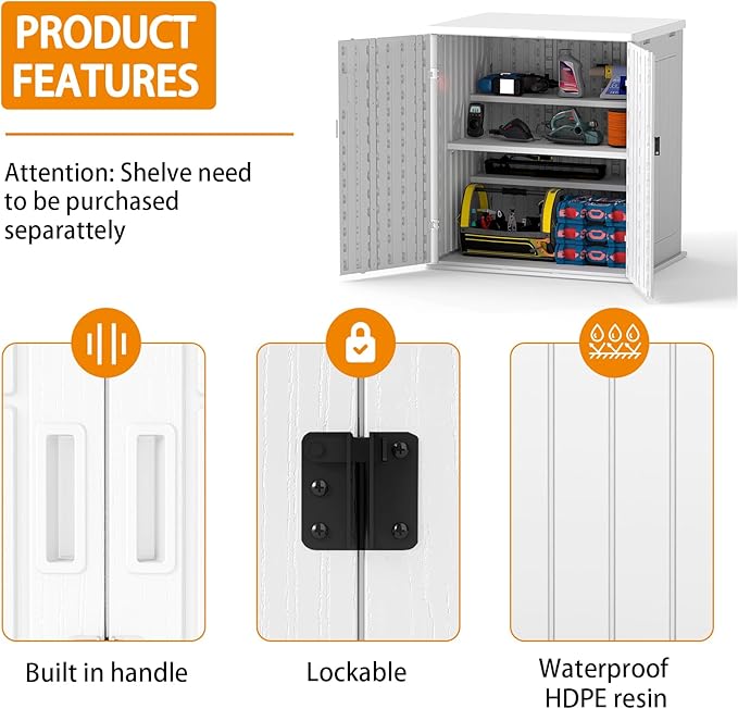 Outdoor Storage Cabinet with 2 Shelves, Waterproof Resin Vertical Tool Shed, Lockable 15 cu. ft. Storage Shed for Patio, Garden, Yard, Dark White