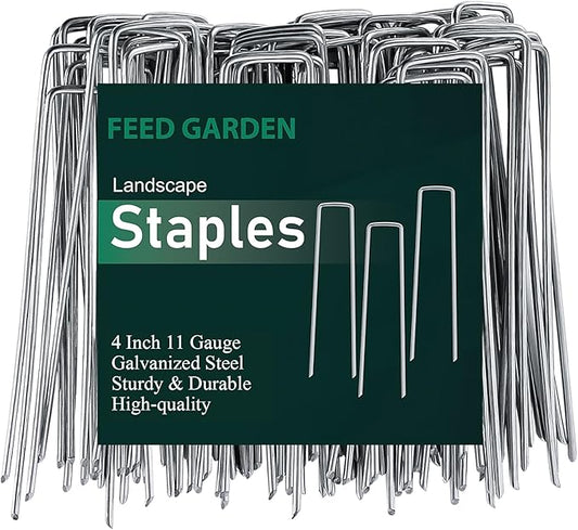 FEED GARDEN 4 Inch 100 Pack Hot-dip Galvanized Landscape Staples 11 Gauge Anti-Rust Garden Stakes Landscaping Fabric SOD Pins Yard Stakes for Weed Barrier Fabric