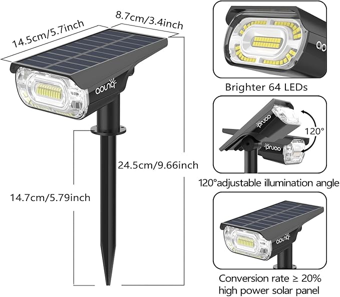 Solar Spot Lights Outdoor 1000 Lumens, 64 LEDs IP67 Waterproof Landscape Lighting with 4 Modes - 2-in-1 Solar Spotlight & Pathway Light for Garden, Yard, Patio Decor, 4 Pack