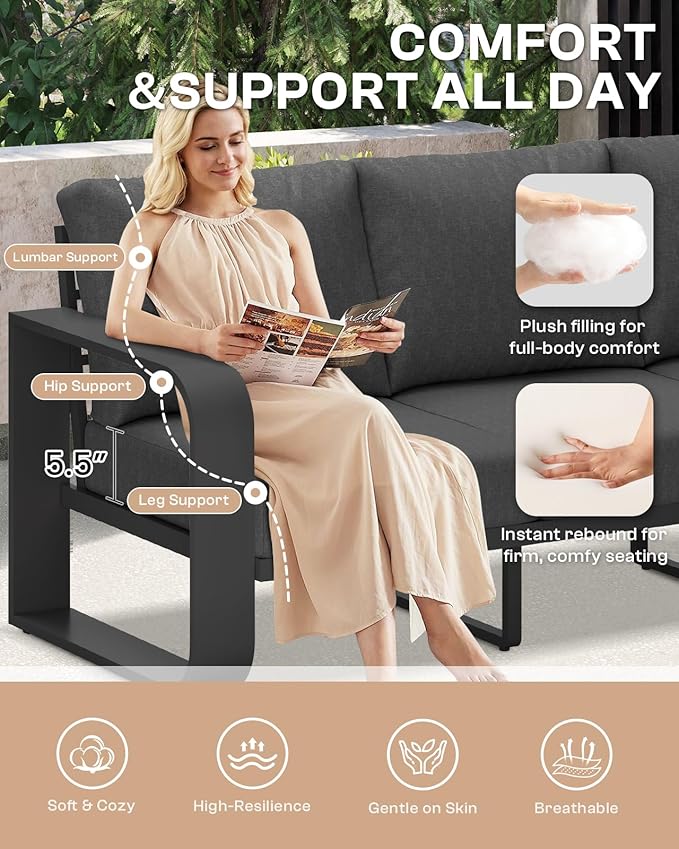 Aluminum Outdoor Patio Furniture Set 4 Piece, Oversized Patio Conversation Sets Widened Armrest & Ultra-Thick Cushions, Deep Seating Modern Sectional Furniture for Backyard, Porch, Graphite