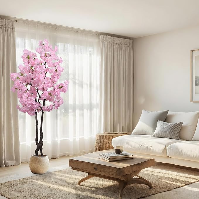 Artificial Pink Cherry Blossom Tree 6ft(72in) Tall Faux Plant Indoor Decor Handmade Japanese Sakura Tree for Wedding Realistic Cherry Plant in Pot for Home Living Room,Office,Outdoor Decor.