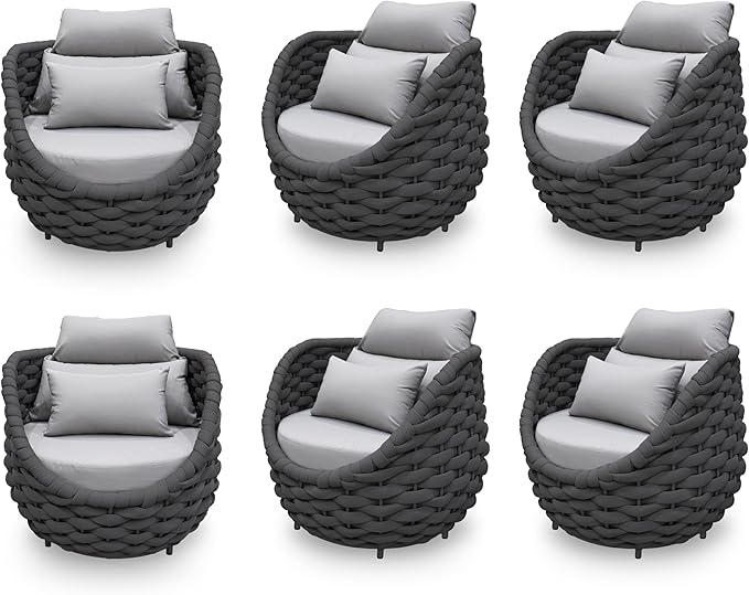 6 PCS Patio Rope Armchair: Aluminum Woven Accent Chair - Cushioned Lounge Chair with Arms - Modern Garden Chair Assembled - All Weather 400lbs Outdoor Seating Porch Furniture Deck Balcony Hotel