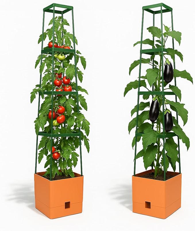 Bio Green 2 Pack Garden Tomato Planter MAXITOM, with Plant Support Trellis 59 inch and Self Watering, 4,2 Gal Planter Box for Climbing Vegetables Plants, Terracotta