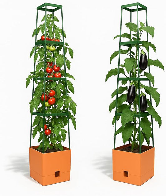 Bio Green 2 Pack Garden Tomato Planter MAXITOM, with Plant Support Trellis 59 inch and Self Watering, 4,2 Gal Planter Box for Climbing Vegetables Plants, Terracotta