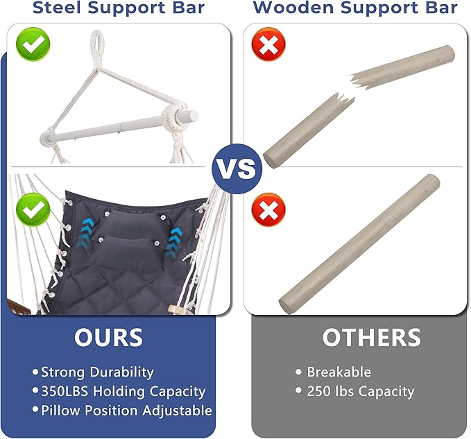 Hammock Chair Hanging Swing with Wooden Armrests;Steel Spreader Bar,Pillows,Hardware kit Included;Cotton Woven Fabric;Up to 350 Lbs,for Indoor or Outdoor