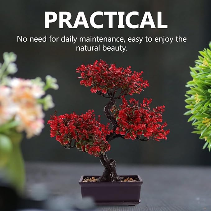 EXCEART Artificial Bonsai Plant Red Plastic Potted Decor for Desktop Wedding Table Centerpiece Home Office Decoration