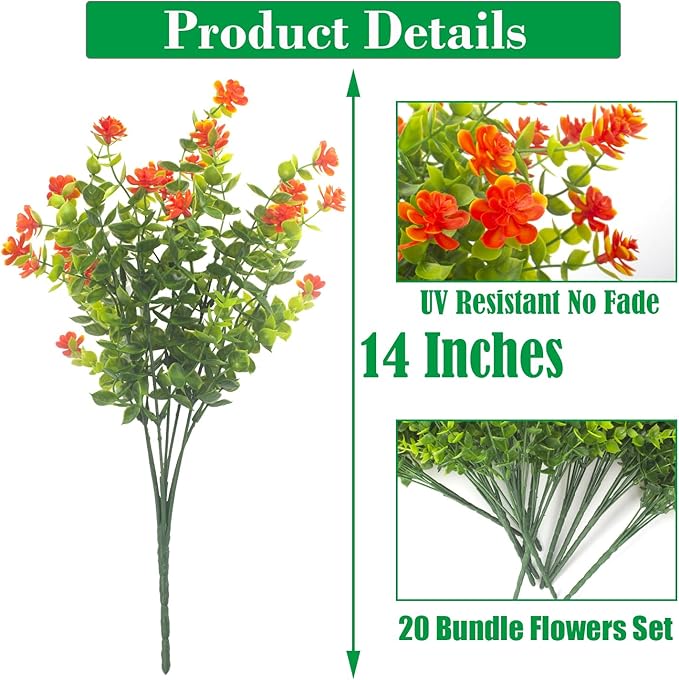 20 Bundles Artificial Flowers UV Resistant Fake Flowers No Fade Faux Plants Garden Porch Window Box Decorating (Orange)