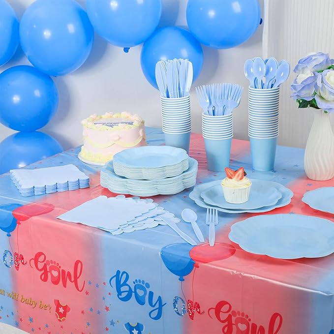 175 Pcs Light Blue Plates and Napkins Set, 25 Guest Blue Supplies Include Scalloped Plate Napkin Cup Forks Knives Disposable Plastic Cutlery for Wedding Baby Shower Birthday Banquet
