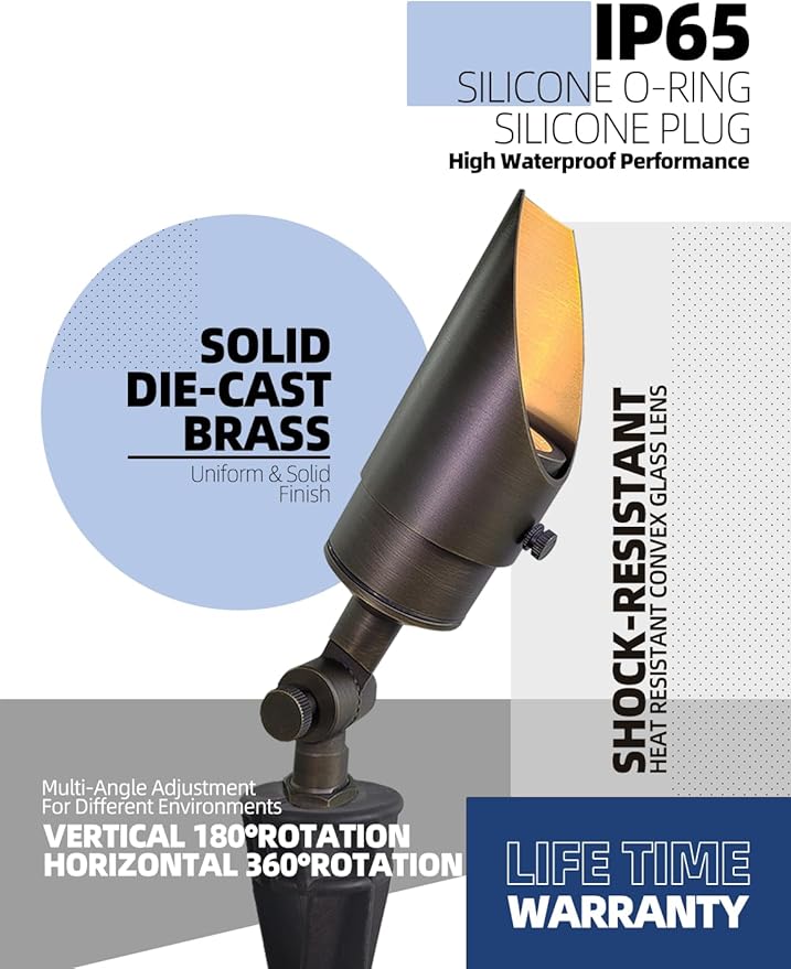 MALORY Brass Landscape Spotlight 12-Pack with MR16 Bulb Kit(S04), Low Voltage 12V AC/DC Shroud Adjustable Outside Yard Lights,PVC Ground Stake and Wire Connector Included, 5W 2700K Warm White