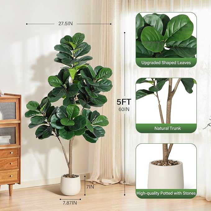 5FT Fiddle Leaf Fig Tree Artificial with 77 Leaves - Realistic Faux Ficus Lyrata Trees in 7.8" White Planter Pot, Indoor Fake Floor Plants for Home Office Living Room Decor, Housewarming Gift