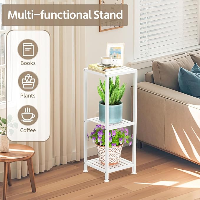 LASZOLA 3 Tier White Metal Plant Stand Indoor Outdoor for Large Planter, Modern Heavy Duty Tall Rack for Corner House Bathroom Patio Floor, Iron Flower Shelf Holder for Orchid Fern