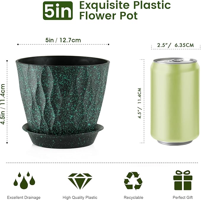 5 inch Plant Pots for Indoor Outdoor Plants, 6 Pack Thick Nursery Pots with Drainage Holes and Saucers, 3D Modern Wave Texture Small Plastic Planter Flower Pots, Black with Green Speckles
