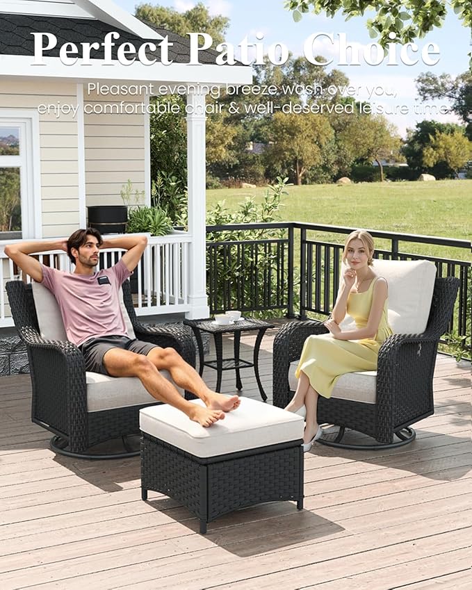 LayinSun 7 Piece Wicker Outdoor Furniture Set with 6-inch Comfy Cushions, High Back Patio Furniture Set with Swivel Rocking Chairs and Side Table