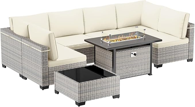 8-Piece Patio Furniture Set, Outdoor Patio Furniture with 55,000 BTU Fire Pit Table, Thick Cushions, Modular Patio Sofa, Dual-Strand Wicker Rattan, Rust-Resistant Frame, Ivory