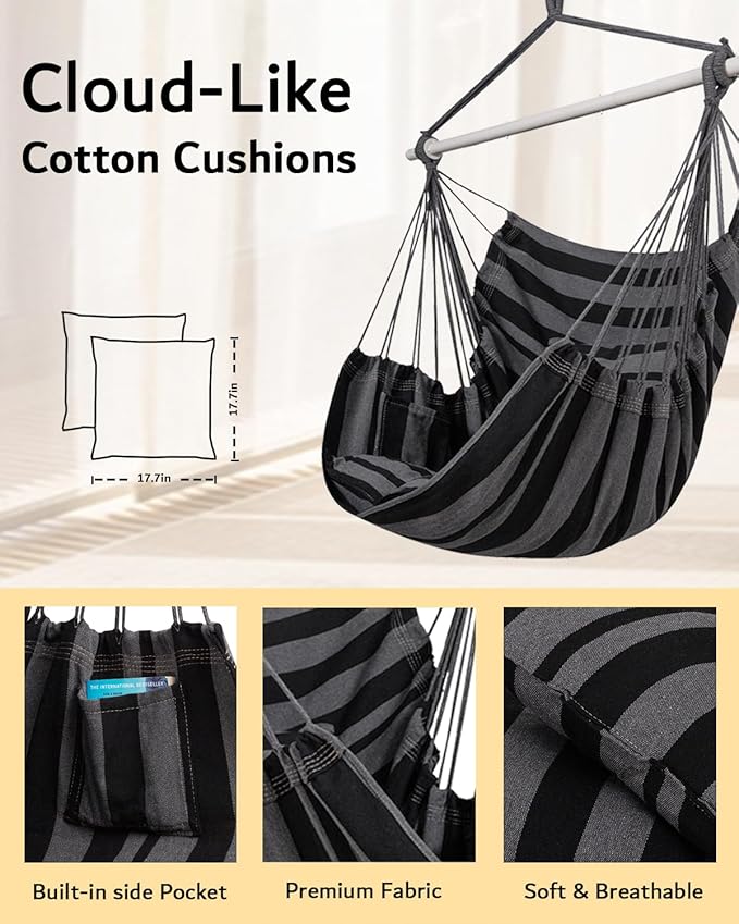 ADVOKAIR Hammock Chair Hanging Chair Swing Large Indoor with Anti-Slip Steel Spread Bar and Pocket-Max 500lbs-2 Cushions, Perfect for Bedroom,Outdoor,Patio, Porch,Backyard…