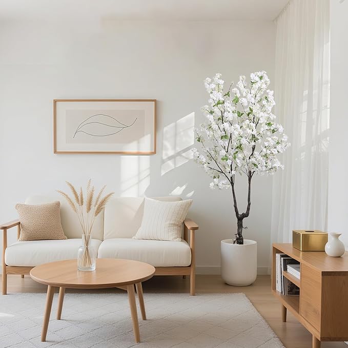 Artificial White Cherry Blossom Tree 6ft(72in) Faux Floor Green Plant for Indoor Decor Natural Potted Tree Realistic Cherry Flowers Wood Trunk for Home Living Room,Office Perfect Weeding Gift