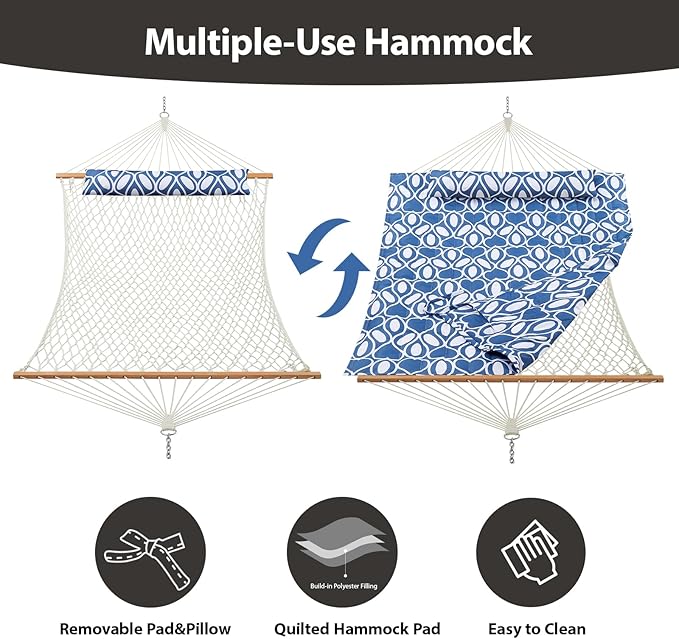 Outdoor Double Hammock with Hardwood Spreader Bars, Large Rope Hammock with Polyester Pad and Pillow, 475 LBS Capacity for 2 Person Patio Backyard Poolside - Blue Printing