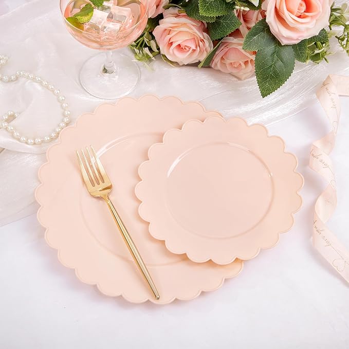 SUT 72-Count Pink Plastic Plates Disposable 10.25 Inch - Scalloped Edge Dinner Plates for Valentine’s Day, Parties, Birthdays, Weddings | Lightweight & Durable Disposable Dinnerware (72 Pack)