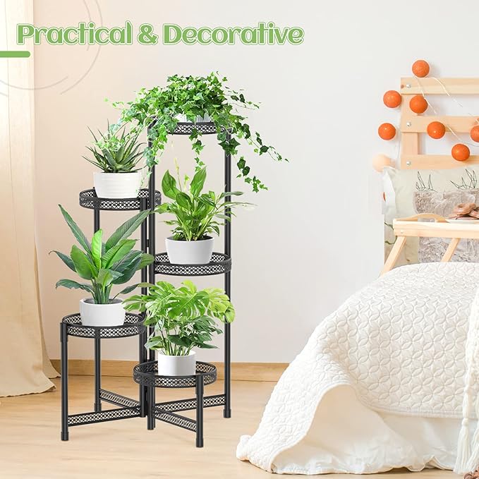 iDavosic.ly Plant Stand Indoor Outdoor, 5 Tier Corner Metal Flower Display Holder Shelf, Folding Tall Orchid Rack for Patio Balcony Porch Garden Living Room House, Wrought Iron - Modern Black
