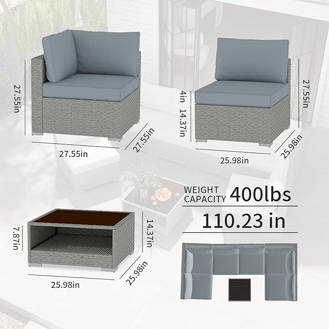 Patio Furniture Set 7-Piece, All-Weather Outdoor Conversation Set Sectional Sofa with Water Resistant Grey Thick Cushions and Coffee Table（Grey）